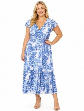 Lane Bryant Blue White Floral Maxi Flutter Dress Size 22